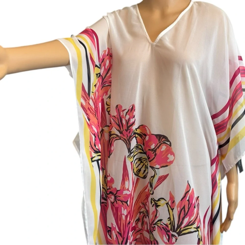 Carmen Marc Valvo Hibiscus V-Neck Caftan Cover Up NWT